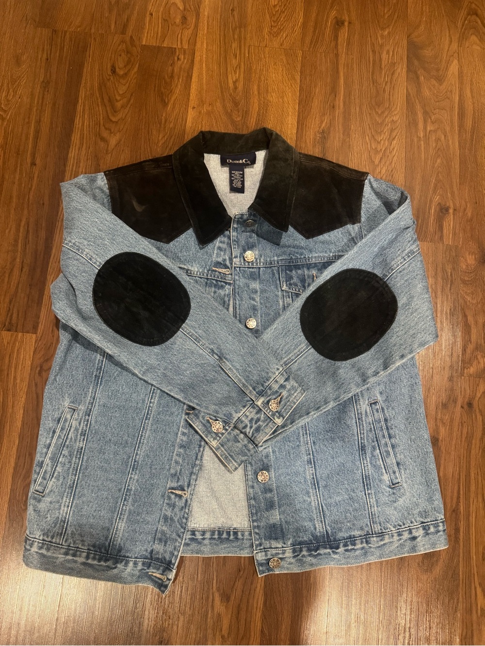 Denim&Co Light Blue Denim Jacket with Black Suede Yoke & Elbow Patches